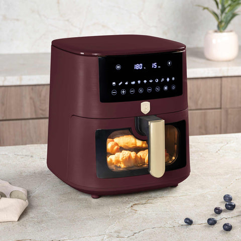 Product image of Air fryer 8L visible window. Part of the Leonardo Collection . Features: • Power: 220-240V ~ 50/60Hz 1650W • Temperature control: 40-200℃ • XXXL SIZE: Food basket with non-stick coating 8L • DIGITAL • Size: 38,8*30*32,4 .... (Studio view). Official Berlinger Haus product, boosted by Promintra sl.