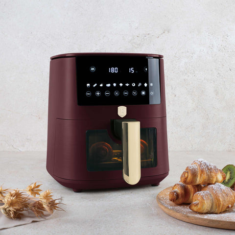 Product image of Air fryer 8L visible window. Part of the Leonardo Collection . Features: • Power: 220-240V ~ 50/60Hz 1650W • Temperature control: 40-200℃ • XXXL SIZE: Food basket with non-stick coating 8L • DIGITAL • Size: 38,8*30*32,4 .... (Studio view). Official Berlinger Haus product, boosted by Promintra sl.