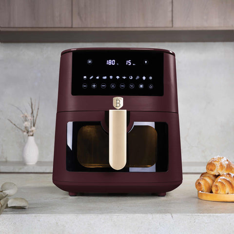 Product image of Air fryer 8L visible window. Part of the Leonardo Collection . Features: • Power: 220-240V ~ 50/60Hz 1650W • Temperature control: 40-200℃ • XXXL SIZE: Food basket with non-stick coating 8L • DIGITAL • Size: 38,8*30*32,4 .... (Studio view). Official Berlinger Haus product, boosted by Promintra sl.
