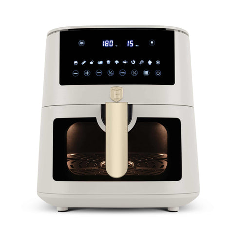 Product image of Air fryer 8L visible window. Part of the Sahara Collection . Features: • Power: 220-240V ~ 50/60Hz 1650W • Temperature control: 40-200℃ • XXXL SIZE: Food basket with non-stick coating 8L • DIGITAL • Size: 38,8*30*32,4 .... (Studio view). Official Berlinger Haus product, boosted by Promintra sl.
