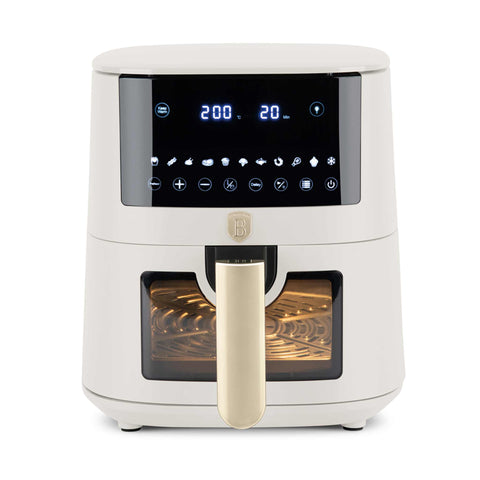 Product image of Air fryer 8L visible window. Part of the Sahara Collection . Features: • Power: 220-240V ~ 50/60Hz 1650W • Temperature control: 40-200℃ • XXXL SIZE: Food basket with non-stick coating 8L • DIGITAL • Size: 38,8*30*32,4 .... (Studio view). Official Berlinger Haus product, boosted by Promintra sl.