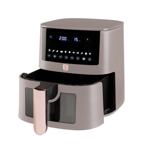 Product image of Air fryer 8L visible window. Part of the Taupe Collection . Features: • Power: 220-240V ~ 50/60Hz 1650W • Temperature control: 40-200℃ • XXXL SIZE: Food basket with non-stick coating 8L • DIGITAL • Size: 38,8*30*32,4 .... (Studio view). Official Berlinger Haus product, boosted by Promintra sl.