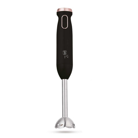 Product image of Hand blender. Part of the Black Rose Collection . Features: • Material: stainless steel, plastic • Voltage: 220-240V 50-60Hz • Power: 800W • Color: black- rose gold. (Studio view). Official Berlinger Haus product, boosted by Promintra sl.