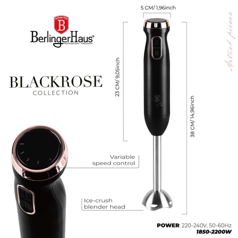 Product image of Hand blender. Part of the Black Rose Collection . Features: • Material: stainless steel, plastic • Voltage: 220-240V 50-60Hz • Power: 800W • Color: black- rose gold. (Studio view). Official Berlinger Haus product, boosted by Promintra sl.