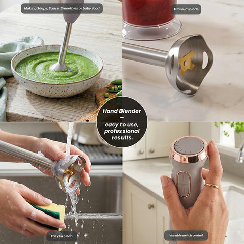 Product image of Hand blender. Part of the Taupe Collection . Features: • Material: stainless steel, plastic • Voltage: 220-240V 50-60Hz • Power: 800W • Color: matt taupe. (Studio view). Official Berlinger Haus product, boosted by Promintra sl.