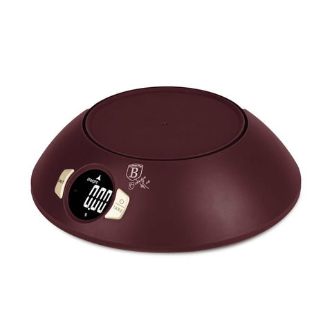 Product image of Kitchen scale with bowl. Part of the Leonardo Collection . Features: • Material: plastic • LCD display • Capacity: 5 kg • AAA battery included • Color: matt bordeaux. (Studio view). Official Berlinger Haus product, boosted by Promintra sl.