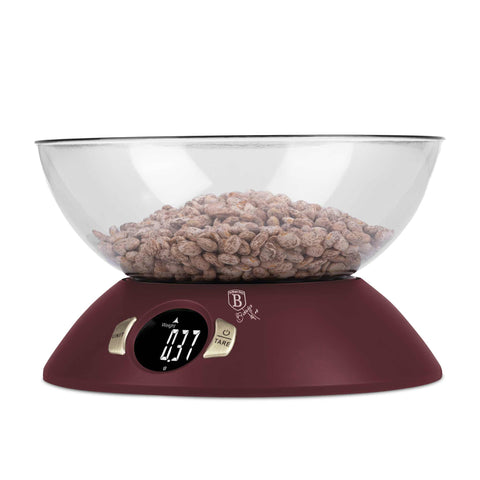 BH/9615, BH/9615-PH, BH/9615N, Báscula de cocina con recipiente, báscula de cocina digital con recipiente, Colección Leonardo, color burdeos mate, ekitchen, eléctrica, pilas, repostería, vajillas, Imagen conceptual: producto y función clave.