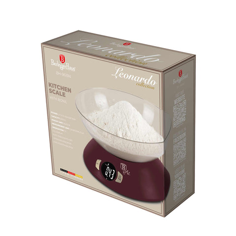 Product image of Kitchen scale with bowl. Part of the Leonardo Collection . Features: • Material: plastic • LCD display • Capacity: 5 kg • AAA battery included • Accessories: • Measuring cup: 25 ml • Egg separator • Color: matt bordeaux. (Studio view). Official Berlinger Haus product, boosted by Promintra sl.