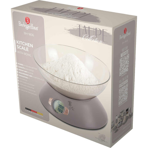 Báscula de cocina digital con bol, eléctrica, batería, báscula de cocina con bol, gris topo mate, NUEVA, BH/9616