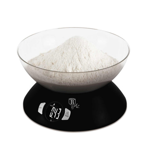 Product image of Kitchen scale with bowl. Part of the Black Vantage Collection/Matte Black Collection/Black Silver Collection . Features: • Material: plastic • LCD display • Capacity: 5 kg • AAA battery included • Color: matt black. (Conceptual view). Official Berlinger Haus product, boosted by Promintra sl.