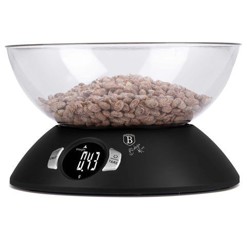 Product image of Kitchen scale with bowl. Part of the Black Vantage Collection/Matte Black Collection/Black Silver Collection . Features: • Material: plastic • LCD display • Capacity: 5 kg • AAA battery included • Accessories: • Measuring cup: 25 ml • Egg separator • Color: matt black. (Conceptual view). Official Berlinger Haus product, boosted by Promintra sl.