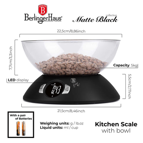 Product image of Kitchen scale with bowl. Part of the Black Vantage Collection/Matte Black Collection/Black Silver Collection . Features: • Material: plastic • LCD display • Capacity: 5 kg • AAA battery included • Accessories: • Measuring cup: 25 ml • Egg separator • Color: matt black. (Conceptual view). Official Berlinger Haus product, boosted by Promintra sl.