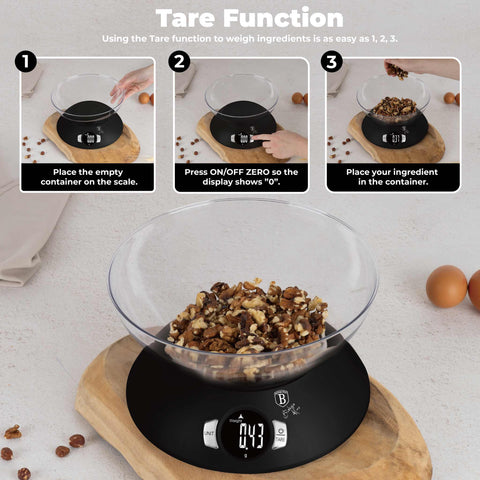 Product image of Kitchen scale with bowl. Part of the Black Vantage Collection/Matte Black Collection/Black Silver Collection . Features: • Material: plastic • LCD display • Capacity: 5 kg • AAA battery included • Accessories: • Measuring cup: 25 ml • Egg separator • Color: matt black. (Conceptual view). Official Berlinger Haus product, boosted by Promintra sl.