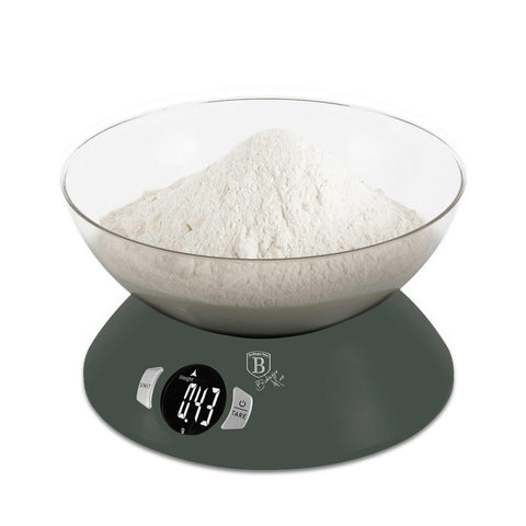 Product image of Kitchen scale with bowl. Part of the Matte Green Collection . Features: • Material: plastic • LCD display • Capacity: 5 kg • AAA battery included • Accessories: • Measuring cup: 25 ml • Egg separator • Color: matt green. (Conceptual view). Official Berlinger Haus product, boosted by Promintra sl.