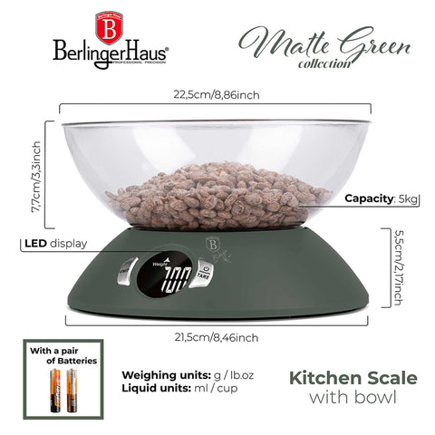 Product image of Kitchen scale with bowl. Part of the Matte Green Collection . Features: • Material: plastic • LCD display • Capacity: 5 kg • AAA battery included • Accessories: • Measuring cup: 25 ml • Egg separator • Color: matt green. (Conceptual view). Official Berlinger Haus product, boosted by Promintra sl.