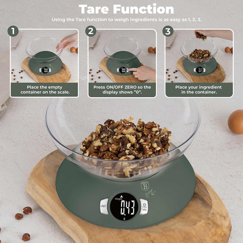 Product image of Kitchen scale with bowl. Part of the Matte Green Collection . Features: • Material: plastic • LCD display • Capacity: 5 kg • AAA battery included • Accessories: • Measuring cup: 25 ml • Egg separator • Color: matt green. (Conceptual view). Official Berlinger Haus product, boosted by Promintra sl.