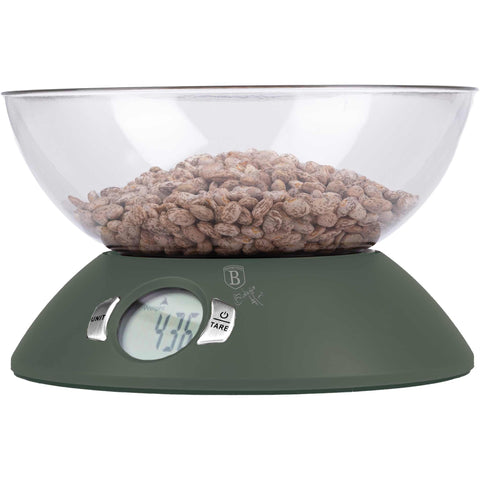 Product image of Kitchen scale with bowl. Part of the Matte Green Collection . Features: • Material: plastic • LCD display • Capacity: 5 kg • AAA battery included • Color: matt green. (Conceptual view). Official Berlinger Haus product, boosted by Promintra sl.