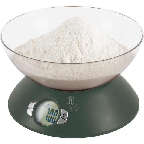Product image of Kitchen scale with bowl. Part of the Matte Green Collection . Features: • Material: plastic • LCD display • Capacity: 5 kg • AAA battery included • Color: matt green. (Conceptual view). Official Berlinger Haus product, boosted by Promintra sl.