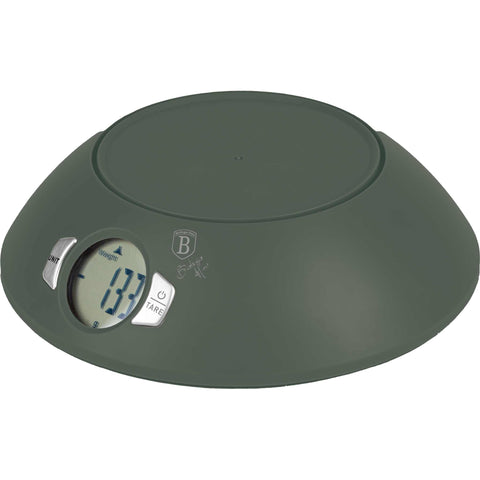 Product image of Kitchen scale with bowl. Part of the Matte Green Collection . Features: • Material: plastic • LCD display • Capacity: 5 kg • AAA battery included • Accessories: • Measuring cup: 25 ml • Egg separator • Color: matt green. (Conceptual view). Official Berlinger Haus product, boosted by Promintra sl.