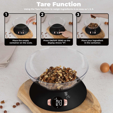  BH/9620, Báscula de cocina con recipiente, Negra, Oro rosa, Eléctrica/batería, Báscula de cocina digital con recipiente