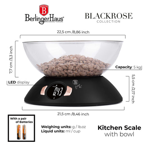  BH/9620, Báscula de cocina con recipiente, Negra, Oro rosa, Eléctrica/batería, Báscula de cocina digital con recipiente