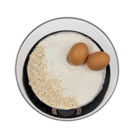 Product image of Kitchen scale with bowl. Part of the Black Rose Collection . Features: • Material: plastic • LCD display • Capacity: 5 kg • AAA battery included • Accessories: • Measuring cup: 25 ml • Egg separator • Color: black- ros.... (Conceptual view). Official Berlinger Haus product, boosted by Promintra sl.