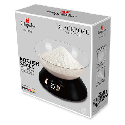 Product image of Kitchen scale with bowl. Part of the Black Rose Collection . Features: • Material: plastic • LCD display • Capacity: 5 kg • AAA battery included • Accessories: • Measuring cup: 25 ml • Egg separator • Color: black- ros.... (Conceptual view). Official Berlinger Haus product, boosted by Promintra sl.