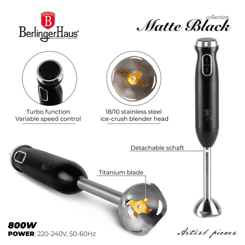 Product image of Hand blender. Part of the Black Vantage Collection/Matte Black Collection/Black Silver Collection/Eternal Collection . Features: • Material: stainless steel, plastic • Voltage: 220-240V 50-60Hz • Power: 800W • Color: matt black. (Studio view). Official Berlinger Haus product, boosted by Promintra sl.