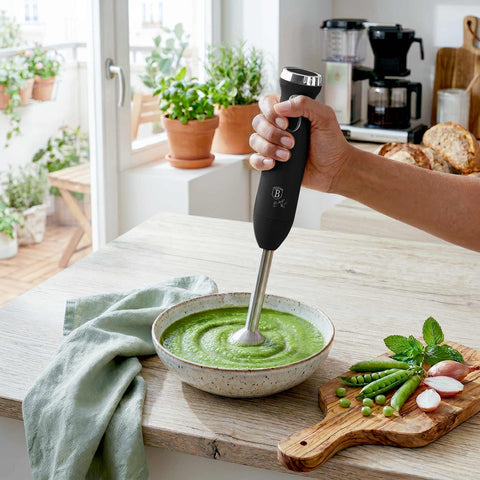 Product image of Hand blender. Part of the Black Vantage Collection/Matte Black Collection/Black Silver Collection/Eternal Collection . Features: • Material: stainless steel, plastic • Voltage: 220-240V 50-60Hz • Power: 800W • Color: matt black. (Studio view). Official Berlinger Haus product, boosted by Promintra sl.