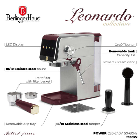 Product image of Digital espresso coffee maker. Part of the Leonardo Collection . Features: • Material: stainless steel • Power: 1350 W • Voltage: 220-240V 50-60 Hz • 1,2L water tank • 1 and 2 cup filter • 2 in 1 plastic spoon with stamper.... (Studio view). Official Berlinger Haus product, boosted by Promintra sl.