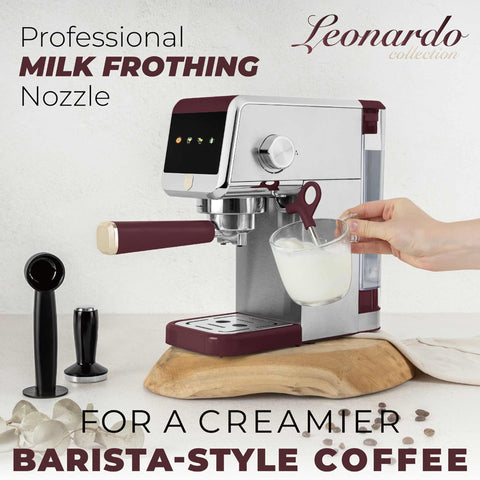 Product image of Digital espresso coffee maker. Part of the Leonardo Collection . Features: • Material: stainless steel • Power: 1350 W • Voltage: 220-240V 50-60 Hz • 1,2L water tank • 1 and 2 cup filter • 2 in 1 plastic spoon with stamper.... (Studio view). Official Berlinger Haus product, boosted by Promintra sl.
