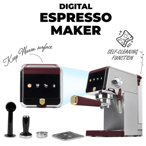Product image of Digital espresso coffee maker. Part of the Leonardo Collection . Features: • Material: stainless steel • Power: 1350 W • Voltage: 220-240V 50-60 Hz • 1,2L water tank • 1 and 2 cup filter • 2 in 1 plastic spoon with stamper.... (Studio view). Official Berlinger Haus product, boosted by Promintra sl.