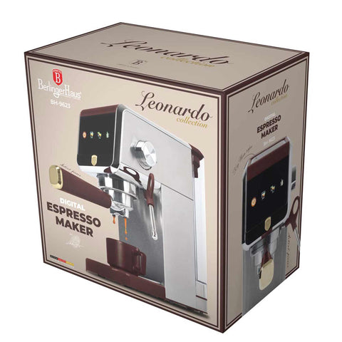 Product image of Digital espresso coffee maker. Part of the Leonardo Collection . Features: • Material: stainless steel • Power: 1350 W • Voltage: 220-240V 50-60 Hz • 1,2L water tank • 1 and 2 cup filter • 2 in 1 plastic spoon with stamper.... (Studio view). Official Berlinger Haus product, boosted by Promintra sl.