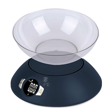 Product image of Kitchen scale with bowl. Part of the Deep Sea Collection . Features: • Material: plastic • LCD display • Capacity: 5 kg • AAA battery included • Color: matt blue. (Studio view). Official Berlinger Haus product, boosted by Promintra sl.