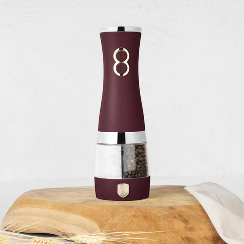 Product image of 2in1 electric pepper and salt mill. Part of the Leonardo Collection . Features: • Material: stainless steel with CERAMIC grinder • Batteries: 4 pcs AA (not inc.) • Color: matt bordeaux. (Studio view). Official Berlinger Haus product, boosted by Promintra sl.
