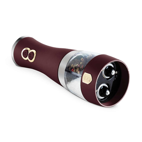 Product image of 2in1 electric pepper and salt mill. Part of the Leonardo Collection . Features: • Material: stainless steel with CERAMIC grinder • Batteries: 4 pcs AA (not inc.) • Color: matt bordeaux. (Studio view). Official Berlinger Haus product, boosted by Promintra sl.