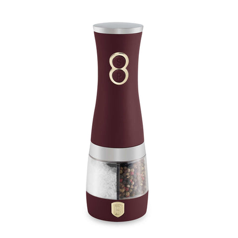 Product image of 2in1 electric pepper and salt mill. Part of the Leonardo Collection . Features: • Material: stainless steel with CERAMIC grinder • Batteries: 6 pcs AA (not inc.) • Color: matt bordeaux. (Conceptual view). Official Berlinger Haus product, boosted by Promintra sl.