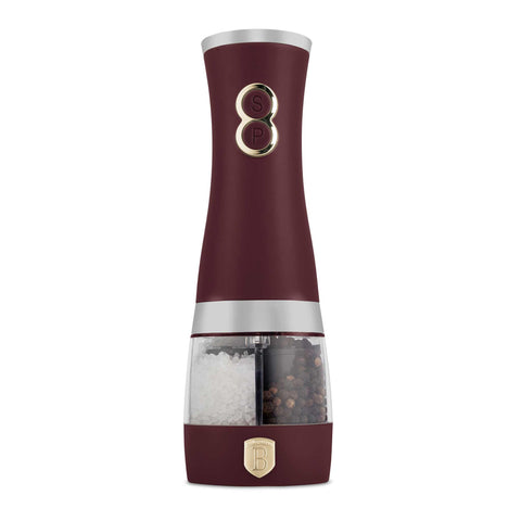 Product image of 2in1 electric pepper and salt mill. Part of the Leonardo Collection . Features: • Material: stainless steel with CERAMIC grinder • Batteries: 6 pcs AA (not inc.) • Color: matt bordeaux. (Conceptual view). Official Berlinger Haus product, boosted by Promintra sl.