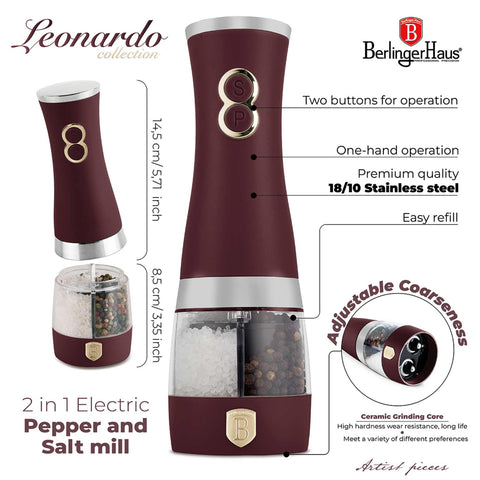 Product image of 2in1 electric pepper and salt mill. Part of the Leonardo Collection . Features: • Material: stainless steel with CERAMIC grinder • Batteries: 6 pcs AA (not inc.) • Color: matt bordeaux. (Conceptual view). Official Berlinger Haus product, boosted by Promintra sl.