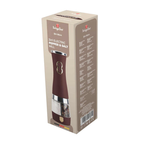 Product image of 2in1 electric pepper and salt mill. Part of the Leonardo Collection . Features: • Material: stainless steel with CERAMIC grinder • Batteries: 6 pcs AA (not inc.) • Color: matt bordeaux. (Conceptual view). Official Berlinger Haus product, boosted by Promintra sl.