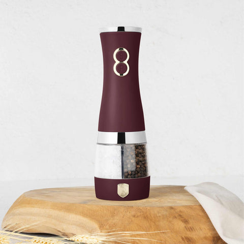 Product image of 2in1 electric pepper and salt mill. Part of the Leonardo Collection . Features: • Material: stainless steel with CERAMIC grinder • Batteries: 6 pcs AA (not inc.) • Color: matt bordeaux. (Conceptual view). Official Berlinger Haus product, boosted by Promintra sl.
