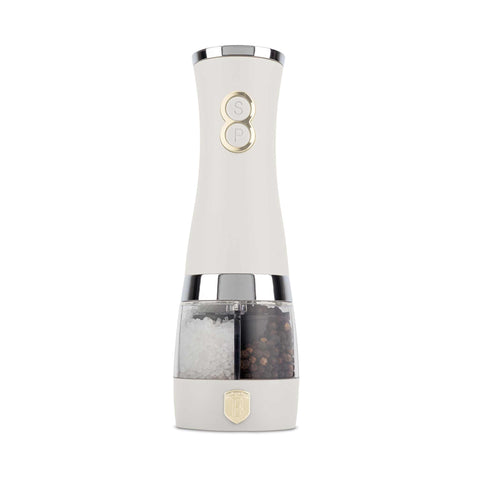 Product image of 2in1 electric pepper and salt mill. Part of the Sahara Collection . Features: • Material: stainless steel with CERAMIC grinder • Batteries: 6 pcs AA (not inc.) • Color: matt cream. (Conceptual view). Official Berlinger Haus product, boosted by Promintra sl.