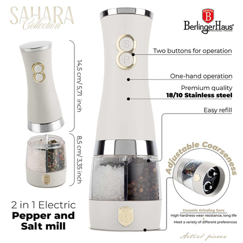 Product image of 2in1 electric pepper and salt mill. Part of the Sahara Collection . Features: • Material: stainless steel with CERAMIC grinder • Batteries: 6 pcs AA (not inc.) • Color: matt cream. (Conceptual view). Official Berlinger Haus product, boosted by Promintra sl.