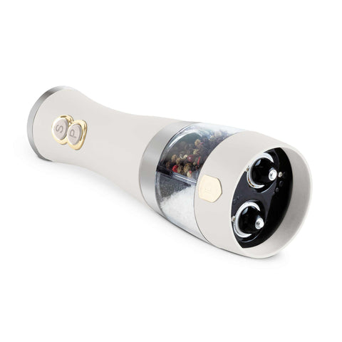 Product image of 2in1 electric pepper and salt mill. Part of the Sahara Collection . Features: • Material: stainless steel with CERAMIC grinder • Batteries: 6 pcs AA (not inc.) • Color: matt cream. (Conceptual view). Official Berlinger Haus product, boosted by Promintra sl.
