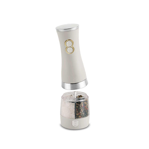 Product image of 2in1 electric pepper and salt mill. Part of the Sahara Collection . Features: • Material: stainless steel with CERAMIC grinder • Batteries: 6 pcs AA (not inc.) • Color: matt cream. (Conceptual view). Official Berlinger Haus product, boosted by Promintra sl.