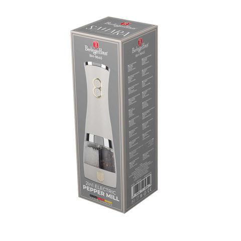 Product image of 2in1 electric pepper and salt mill. Part of the Sahara Collection . Features: • Material: stainless steel with CERAMIC grinder • Batteries: 6 pcs AA (not inc.) • Color: matt cream. (Conceptual view). Official Berlinger Haus product, boosted by Promintra sl.