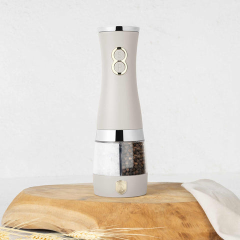 Product image of 2in1 electric pepper and salt mill. Part of the Sahara Collection . Features: • Material: stainless steel with CERAMIC grinder • Batteries: 6 pcs AA (not inc.) • Color: matt cream. (Conceptual view). Official Berlinger Haus product, boosted by Promintra sl.
