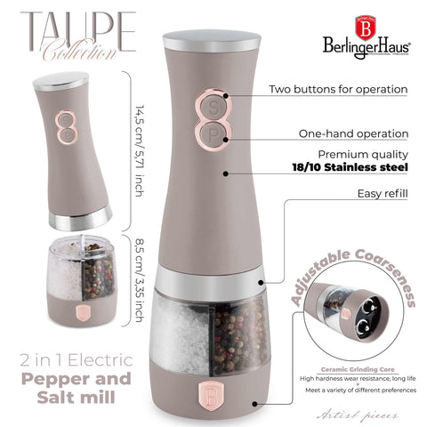 BH/9646, molinillo eléctrico de sal y pimienta 2 en 1, color topo mate, molinillo de sal y pimienta 2 en 1, eléctrico/batería, molinillo eléctrico de sal y pimienta, 2 en 1, molinillo de sal y pimienta, utensilios de cocina, molinillo de sal y pimienta