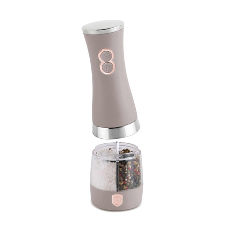 Product image of 2in1 electric pepper and salt mill. Part of the Taupe Collection . Features: • Material: stainless steel with CERAMIC grinder • Batteries: 6 pcs AA (not inc.) • Color: matt taupe. (Conceptual view). Official Berlinger Haus product, boosted by Promintra sl.