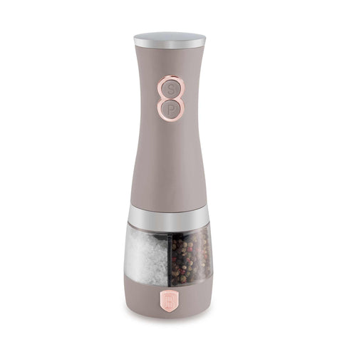 Product image of 2in1 electric pepper and salt mill. Part of the Taupe Collection . Features: • Material: stainless steel with CERAMIC grinder • Batteries: 6 pcs AA (not inc.) • Color: matt taupe. (Conceptual view). Official Berlinger Haus product, boosted by Promintra sl.
